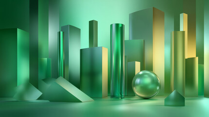 Poster - Abstract array of shiny geometric objects of different height modern futuristic 3d rendering illustration green lighting