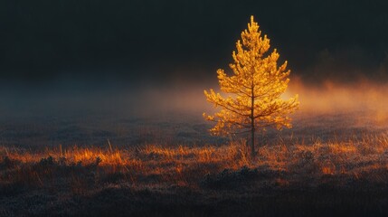 Poster - A young tree growing in an open field, with golden rays of sunrise shining through the morning mist.