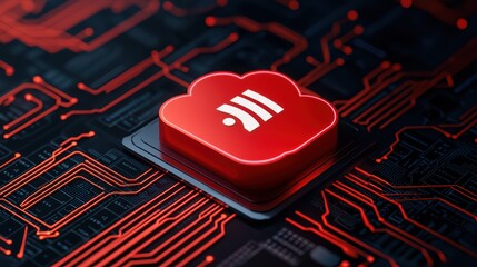 Poster - Red Cloud Icon on Circuit Board Background with Technology Elements
