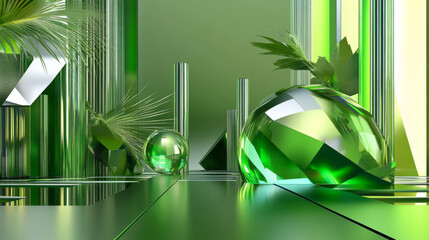 Poster - Abstract array of shiny geometric objects of different height modern futuristic 3d rendering illustration green lighting