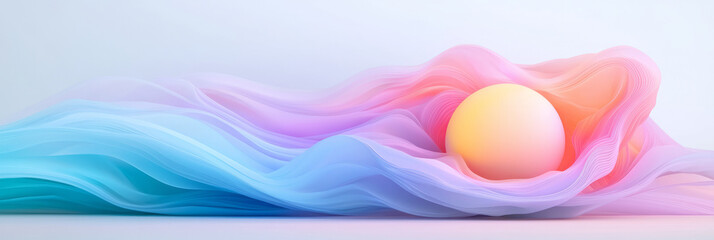 Wall Mural - A breathtaking abstract scene featuring a luminous orb encased in fluid folds of pastel pink,