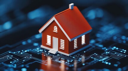 Poster - Small House Model on Technological Circuit Board Background