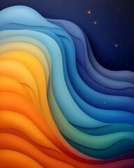 Aufkleber - A vibrant, layered scene of rolling blue and orange waves, gently in motion with tiny luminescent