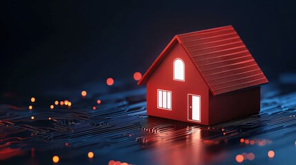 Poster - Futuristic House Model on Circuit Board Background with Red Lights