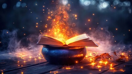 Poster - Magical Book Resting Atop Enchanting Cauldron