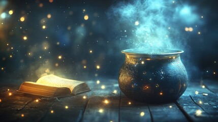 Aufkleber - Magical Cauldron Steaming with Glowing Particles and Book