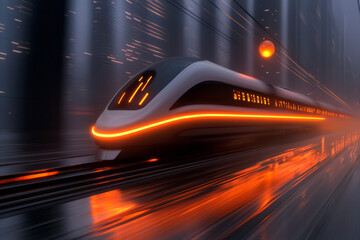 Aufkleber - A futuristic high-speed train racing past with glowing orange light streaks, a large illuminated