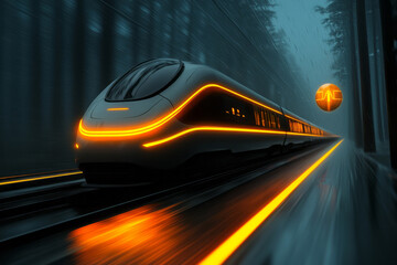 Poster - A futuristic high-speed train racing past with glowing orange light streaks, a large illuminated