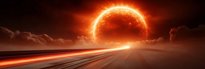 Aufkleber - A cinematic view of a futuristic train speeding through a station under glowing orange light