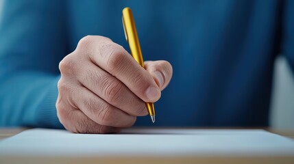 Poster - Hand Holding Yellow Pen Ready to Write on Blank Paper Surface