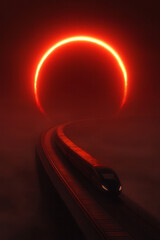 Aufkleber - A dynamic overhead perspective of a high-speed train veiled in bright orange light streaks, a large