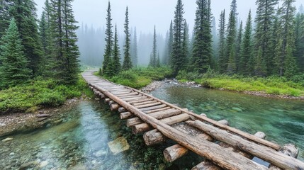 Canvas Print - Wooden Bridge Spanning Misty Mountain Stream