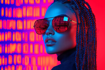 Poster - A striking close-up of a woman wearing reflective sunglasses, set against a futuristic backdrop of