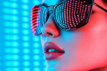 Aufkleber - A striking close-up of a woman wearing reflective sunglasses, set against a futuristic backdrop of