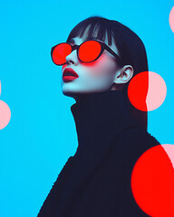 Poster - A moody portrait featuring a woman with reflective sunglasses, with shifting red and blue digital