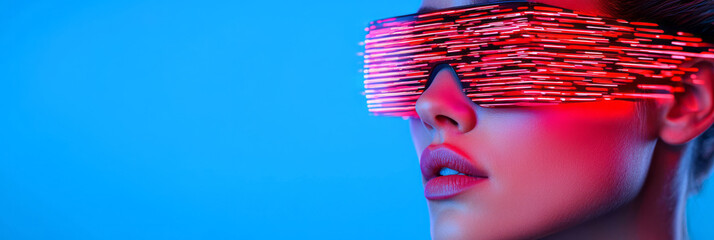 Aufkleber - A cinematic close-up of a woman in tinted sunglasses reflecting moving digital patterns in red and