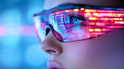 Aufkleber - a dramatic shot of a womanâ€™s reflective glasses catching the glow of neon-blue and red lights,