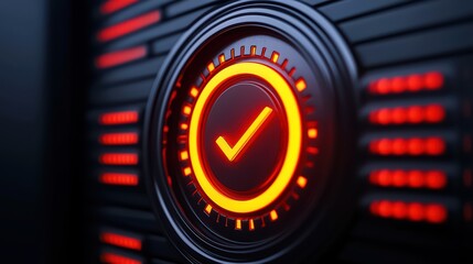 Poster - Glowing Orange Check Mark on Modern Control Panel with Lights