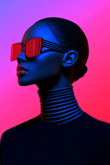 Aufkleber - A sleek portrait of a woman wearing glossy reflective shades, with intense blue and red digital