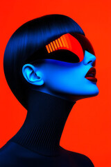 Poster - A sleek portrait of a woman wearing glossy reflective shades, with intense blue and red digital