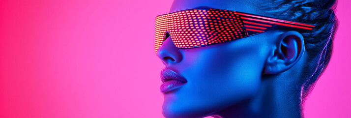 Poster - A dynamic angle showing a womanâ€™s reflective sunglasses with red and blue shifting lights