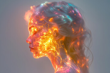 Leinwandbilder - A surreal profile shot of a woman with a glowing translucent head, filled with branching neural