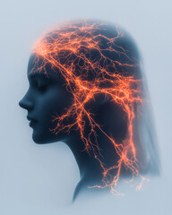 Leinwandbilder - A cinematic image of a womanâ€™s glowing translucent head filled with branching orange neural