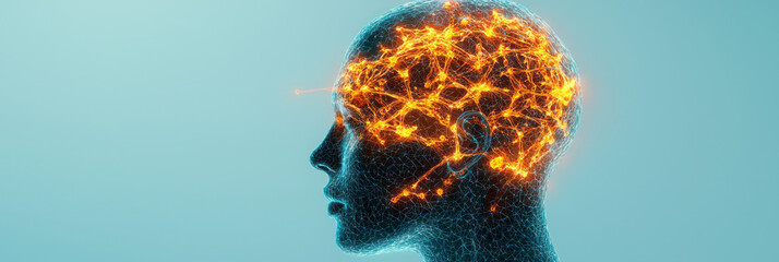Poster - An otherworldly shot of a womanâ€™s side view, her transparent head revealing a network of glowing