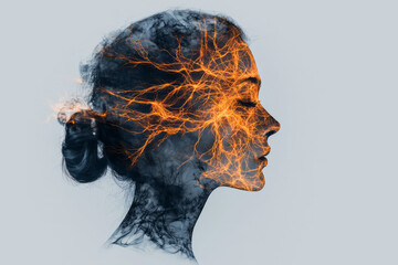 Poster - An artistic angle capturing a womanâ€™s side profile, her glowing translucent head displaying