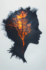 Poster - A fluid, dreamy composition of a woman in profile, her head infused with branching orange neural