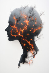 Leinwandbilder - A fluid, dreamy composition of a woman in profile, her head infused with branching orange neural