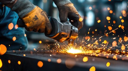 Poster - Gloved Hands Operate Angle Grinder Sparks Fly