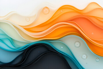 Poster - A dynamic abstract vista where fluid orange and blue folds converge, while floating bubbles add a