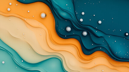 Aufkleber - A fluid, undulating scene blending warm orange and deep blue layers, with scattered bubbles
