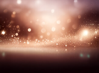 Wall Mural - dreamy double exposure effect showcases blurred bokeh lights over a reflective surface. warm brown a