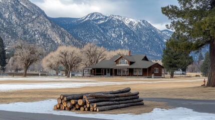 Canvas Print - Mountain cabin nestled amongst winter trees and snow