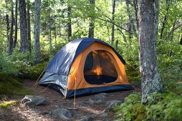 Camping experience in a national park with a bright tent set among lush greenery on a sunny day