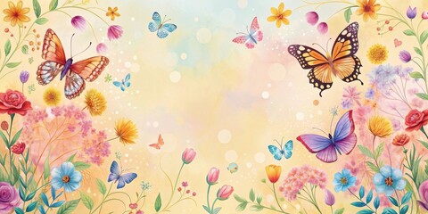 Wall Mural - Whimsical Springtime Meadow with Vibrant Butterflies and Delicate Blossoms in Pastel Hues