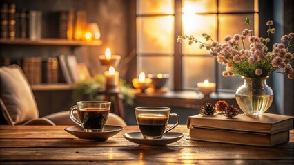 Wall Mural - Warm Evening Ambiance Two Cups of Coffee Resting on a Wooden Table Near a Window Bathed in Golden Sunset Light, Books, Flowers, and Candles Creating a Cozy Atmosphere