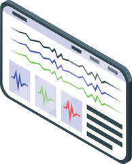 Poster - Tablet displaying decreasing lines graph and pulse rate in isometric view, representing financial market analysis or medical health monitoring