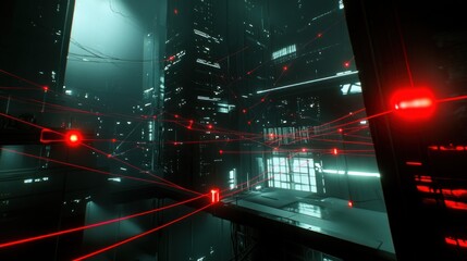 Aufkleber - Futuristic Cityscape Network Red Lines Illuminated Buildings