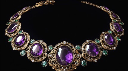 Opulent Amethyst and Emerald Necklace with Intricate Gold Setting