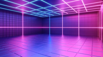 Poster - Neon Grid Room Illuminated With Purple And Blue Lights