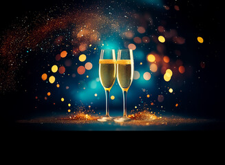 Poster - double exposure artfully blends two champagne glasses with golden bubbly against a festive bokeh bac