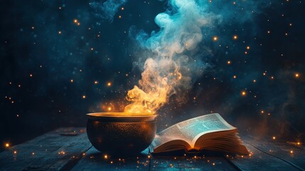 Aufkleber - Mystical Cauldron Steaming Beside an Open Ancient Book