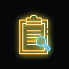 Poster - Glowing neon icon of a magnifying glass examining documents on a clipboard, representing concepts like auditing and due diligence