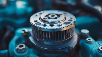 Poster - A close-up view of a mechanical component, showcasing intricate details and metallic textures, reflecting a blue-tinted environment