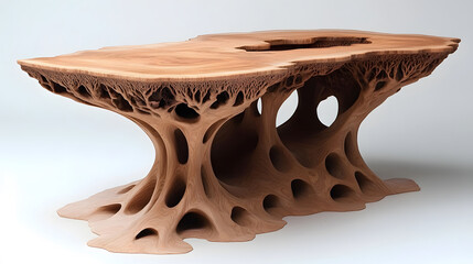 Poster - A unique, organic-shaped wooden table with intricate, sculptural legs and a natural finish, blending art and functionality