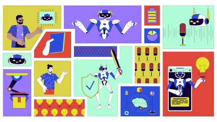 Poster - AI technologies animated bento grid layout. Intelligence artificial. Diverse engineers. Robotics android robots 2D animation flat cartoon ui collage design. 4K video motion graphic collection