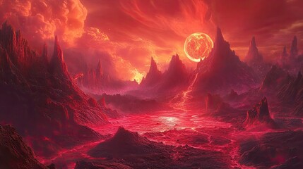 Poster - Fiery Volcanic Landscape Under Crimson Sun